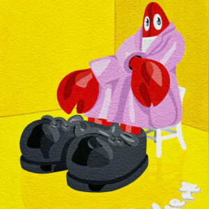 Self-portrait Lobster Sitting II, 42 x 29.7 x 3.5 cm, acrylic on paper mounted on aluminium board, 2024